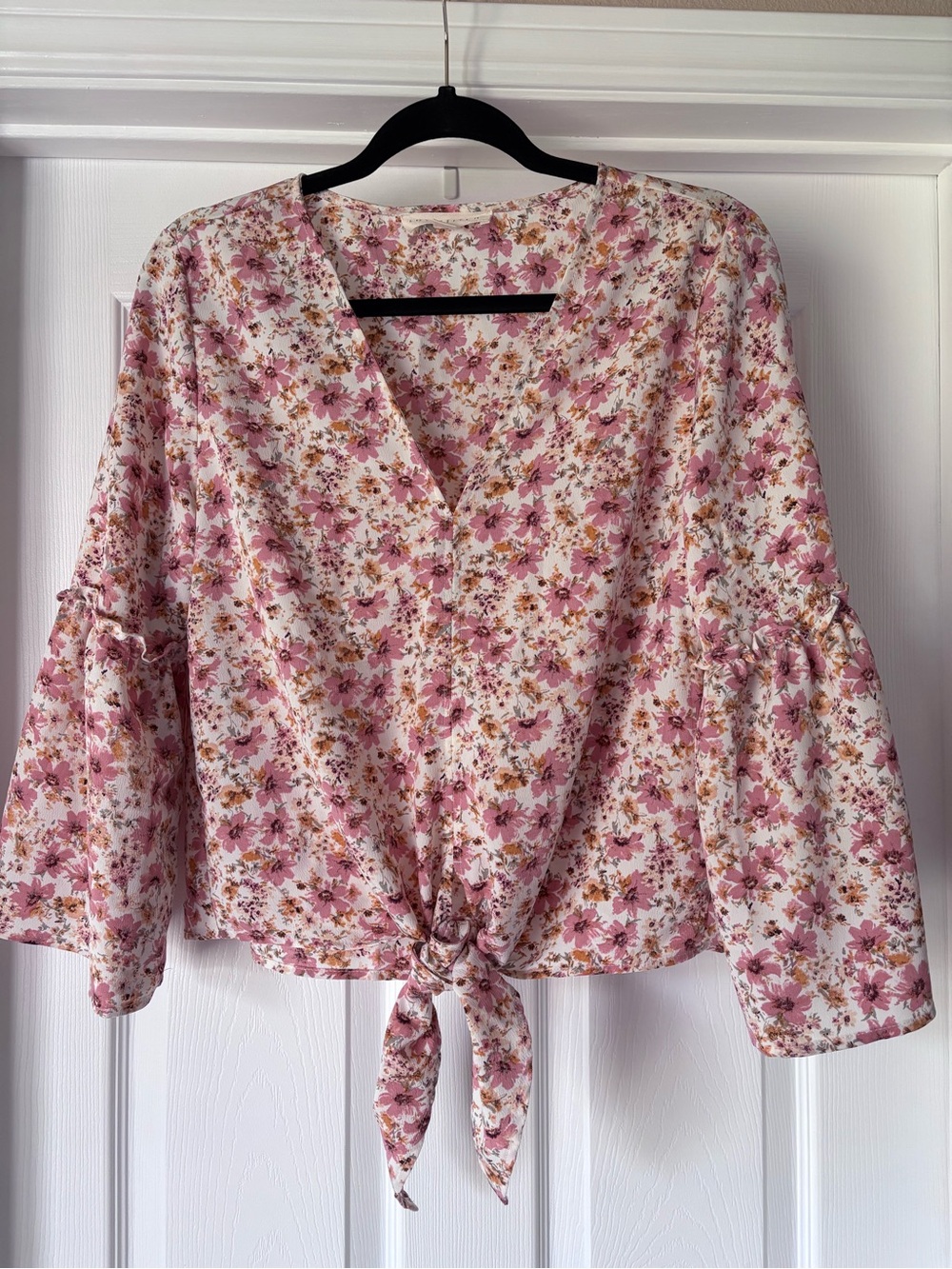 Love Stitch Floral Tie-Front V-Neck Blouse - Pink